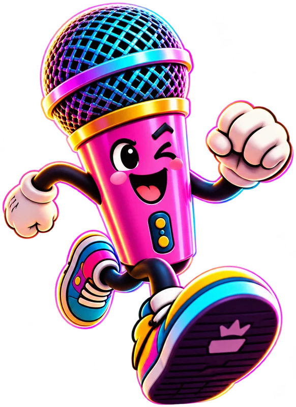 Mic, a pink microphone with sneakers, running and winking